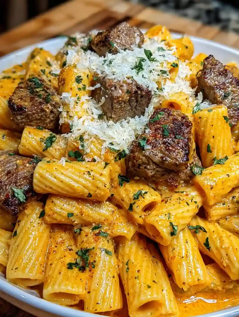 Cajun Steak Tips in Cheesy Rigatoni Parmesan Sauce topped with grated Parmesan and herbs