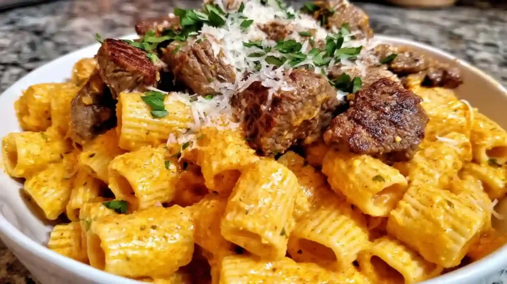 Platter of Cajun Steak Tips in Cheesy Rigatoni Parmesan Sauce topped with shaved Parmesan and parsley