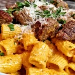 Platter of Cajun Steak Tips in Cheesy Rigatoni Parmesan Sauce topped with shaved Parmesan and parsley