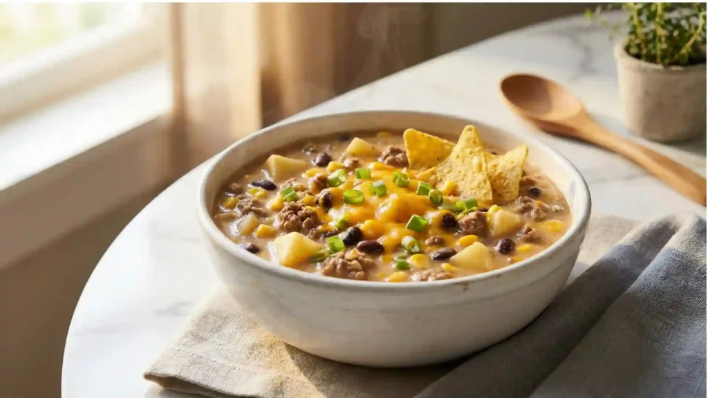 Creamy Cowboy Soup topped with cheddar, green onions, and tortilla chips in a white bowl