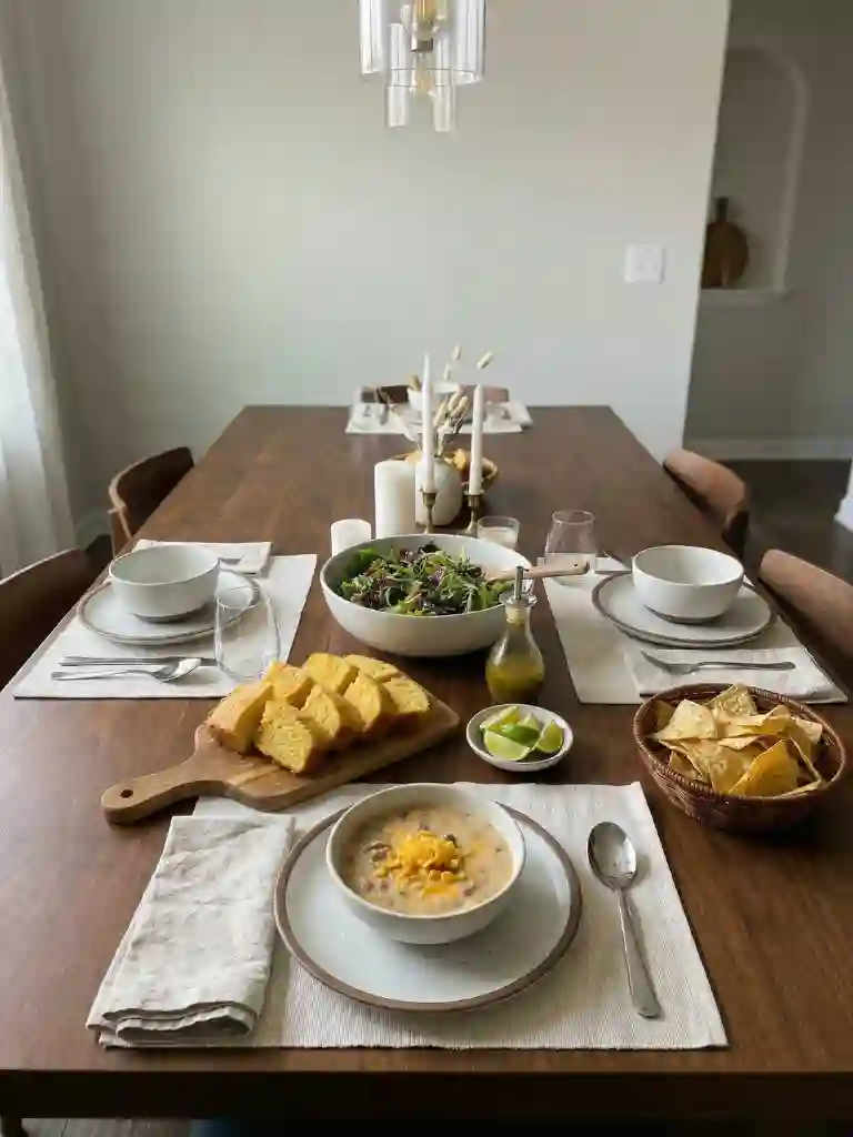 Creamy Cowboy Soup served with cornbread, salad, and tortilla chips on a rustic wooden table