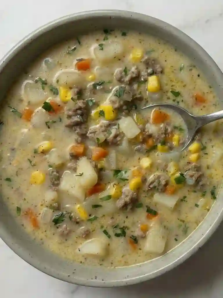 Hamburger Potato Soup with ground beef, diced potatoes, corn, and carrots in a creamy broth