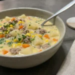 Hamburger Potato Soup with ground beef, potatoes, carrots, and corn in a creamy broth