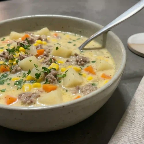Hamburger Potato Soup with ground beef, potatoes, carrots, and corn in a creamy broth