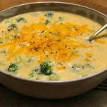 Bowl of creamy Broccoli Cheddar Soup topped with shredded cheddar and black pepper