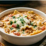 Creamy Lasagna Soup (Easy Winter Dinner) 9 Creamy lasagna soup topped with Parmesan and parsley served with bread on a rustic table