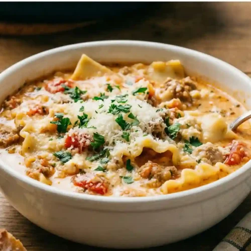 Creamy Lasagna Soup (Easy Winter Dinner) 3 Creamy lasagna soup topped with Parmesan and parsley served with bread on a rustic table