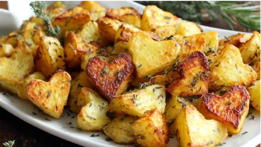 Roasted Heart Potatoes arranged on a white platter, crispy and golden with herbs.