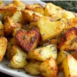 Roasted Heart Potatoes arranged on a white platter, crispy and golden with herbs.