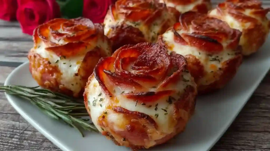 Pizza Roses For Valentine’s Day baked with pepperoni and mozzarella, arranged on a platter for an easy romantic appetizer