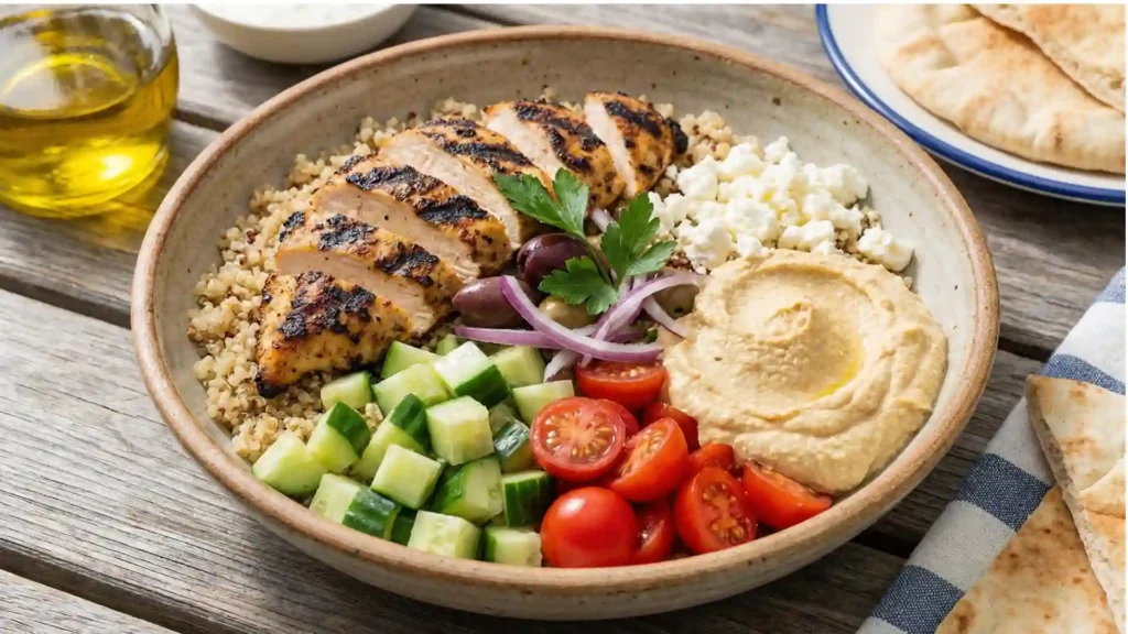 Mediterranean Chicken Bowl with grilled chicken, quinoa, hummus, cucumber, tomatoes, olives, and feta