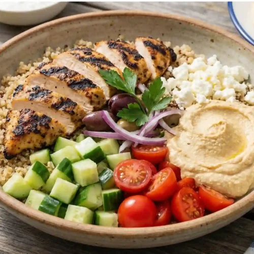 Mediterranean Chicken Bowl (High-Protein & Fresh) 3 Mediterranean Chicken Bowl with grilled chicken, quinoa, hummus, cucumber, tomatoes, olives, and feta