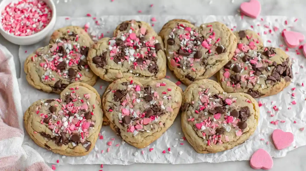 Heart Shaped Chocolate Chip Cookies topped with pink and white sprinkles on a tray