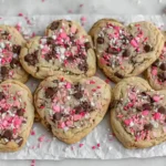 Heart Shaped Chocolate Chip Cookies topped with pink and white sprinkles on a tray