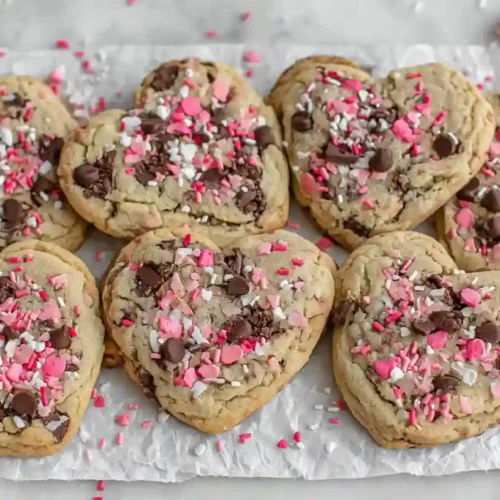 Heart Shaped Chocolate Chip Cookies topped with pink and white sprinkles on a tray