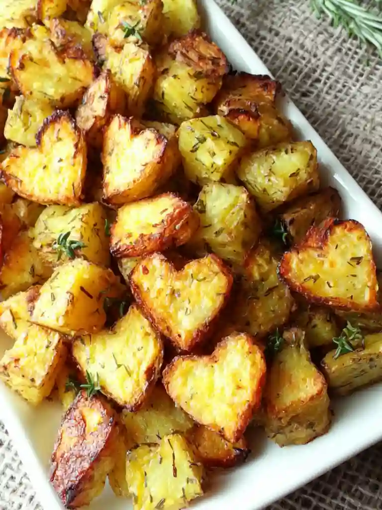 Roasted Heart Potatoes on a white platter, crispy and golden with herbs for Valentine dinner.