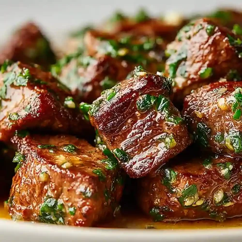 Garlic Butter Steak Bites, seared steak cubes tossed in garlic herb butter sauce with parsley on a white plate.