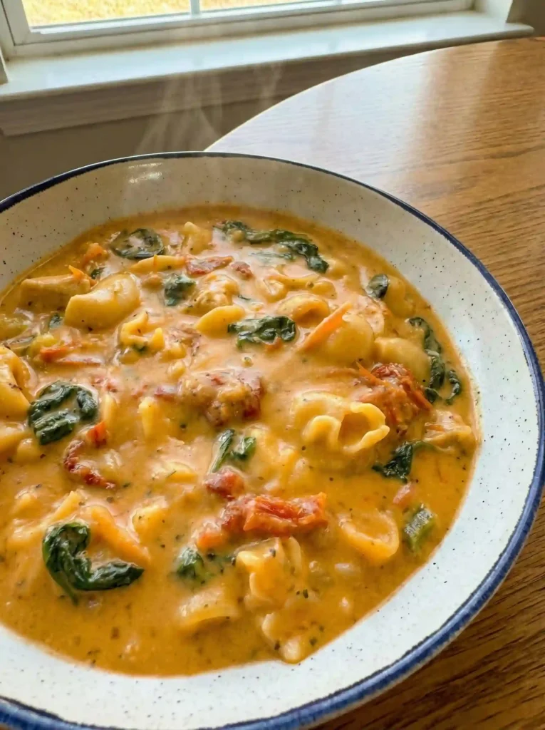 Bowl of creamy Marry Me Chicken Soup with pasta, spinach and sun dried tomatoes on a wooden table