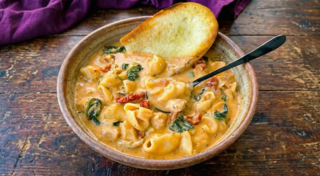 Bowl of creamy Marry Me Chicken Soup with pasta, spinach, sun dried tomatoes and toasted bread on wooden table