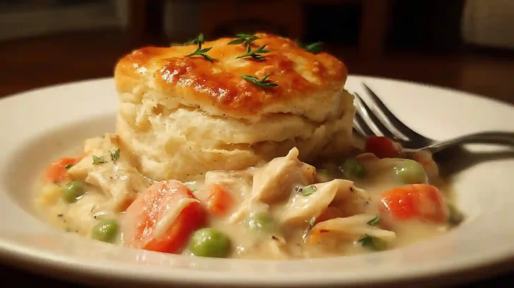 Red Lobster Biscuit Chicken Pot Pie served with creamy chicken, peas, and carrots on a white plate