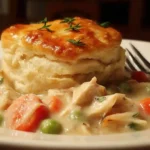 Red Lobster Biscuit Chicken Pot Pie served with creamy chicken, peas, and carrots on a white plate
