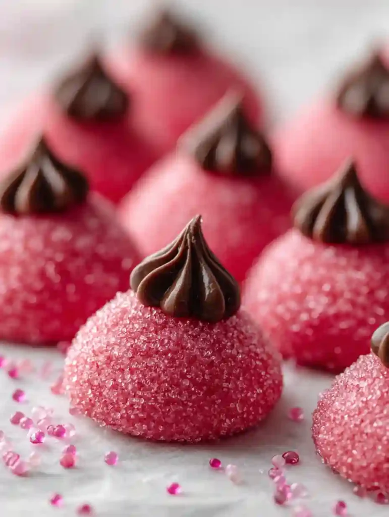 Row of pink Strawberry Kiss Cookies coated in sugar and topped with chocolate on parchment