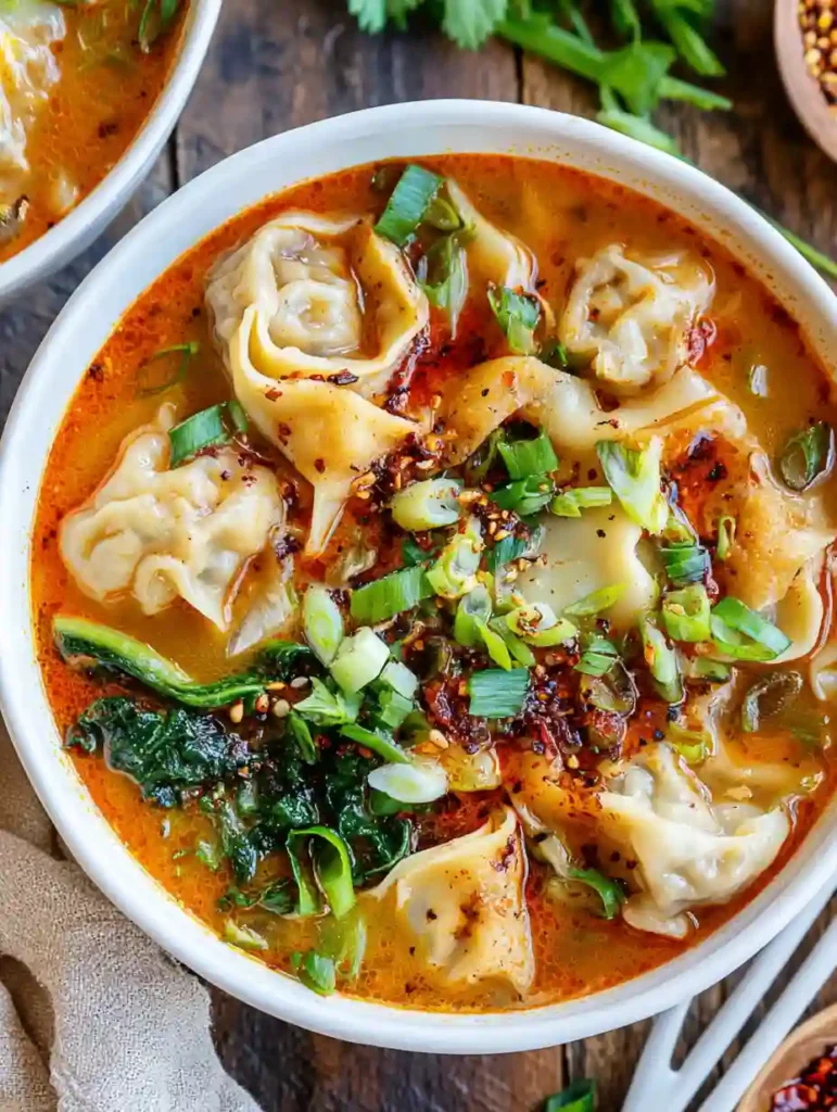 Deconstructed Wonton Soup in a white bowl with chili oil, greens, and scallions on top