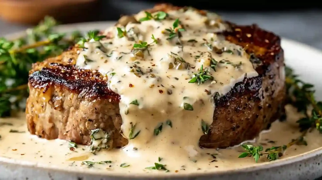 Steak With Creamy Garlic Sauce over seared ribeye, finished with herbs on a plate.