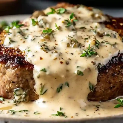 Steak With Creamy Garlic Sauce over seared ribeye, finished with herbs on a plate.