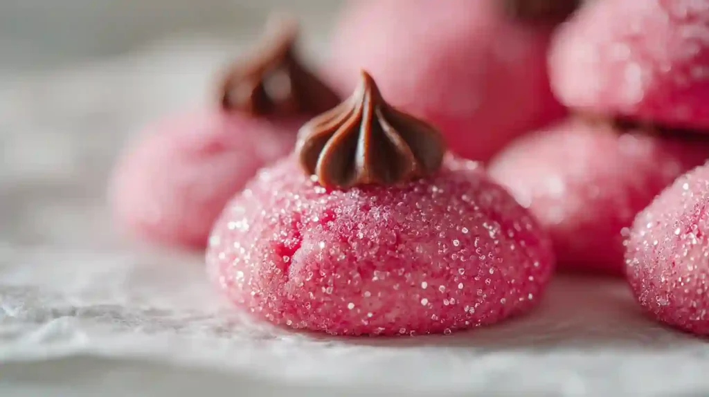 Close view of sparkling Strawberry Kiss Cookies topped with chocolate on parchment