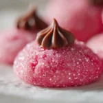 Close view of sparkling Strawberry Kiss Cookies topped with chocolate on parchment
