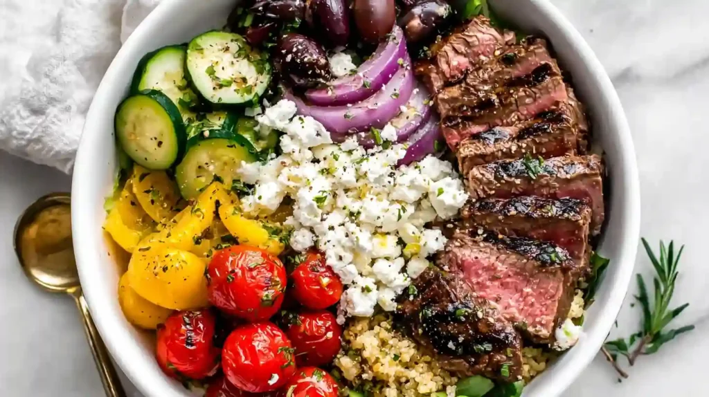 Mediterranean Steak Bowl with grilled sirloin, quinoa, cherry tomatoes, cucumber, olives, feta, and tzatziki sauce.