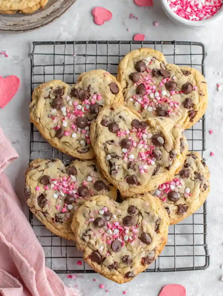 Heart Shaped Chocolate Chip Cookies cooling on rack with pink sprinkles