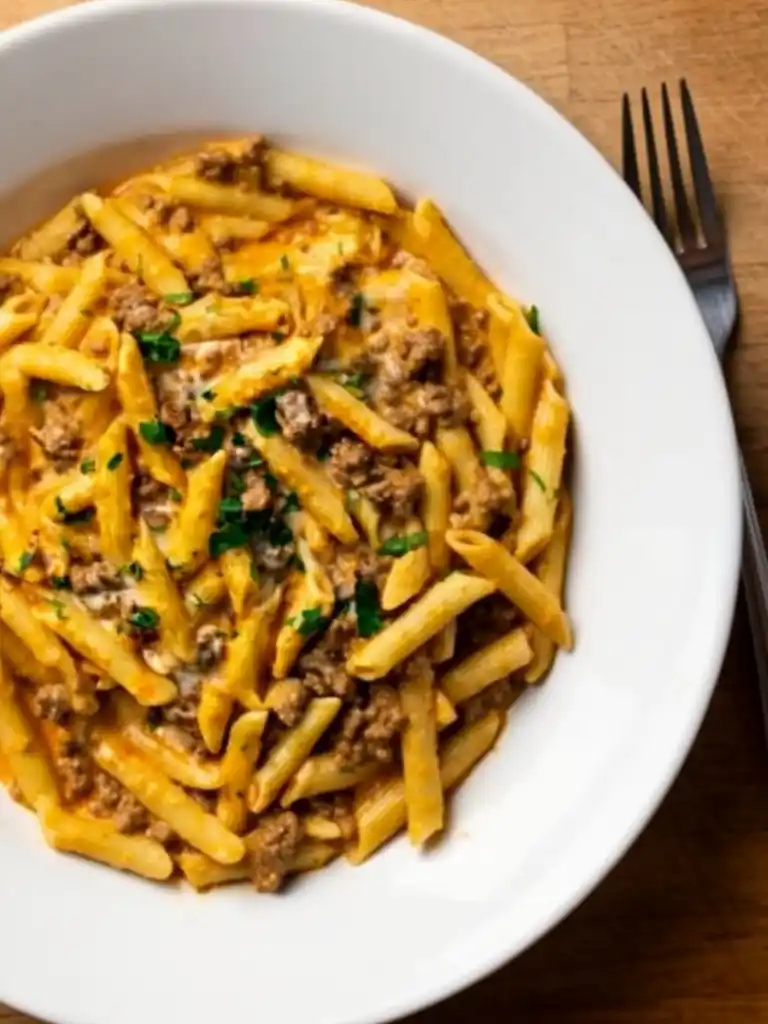An overhead shot of Creamy High Protein Beef Pasta in a white bowl, with a fork resting beside it on a wooden table.