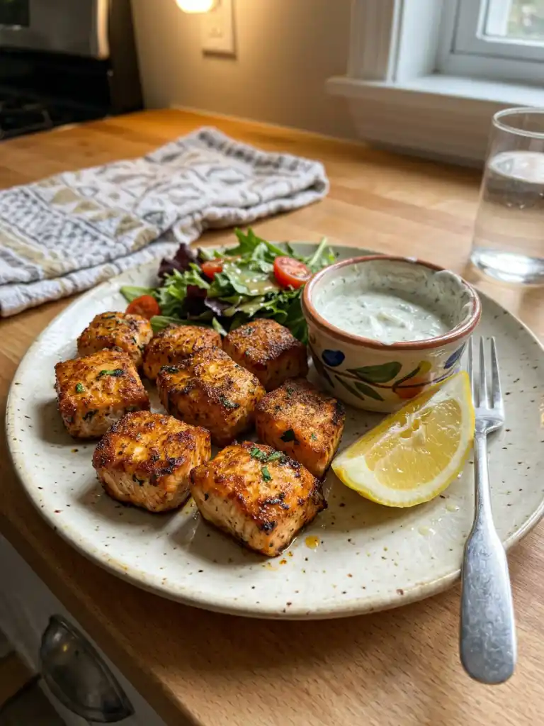 Air Fryer Salmon Bites served with lemon wedge, salad, and creamy dipping sauce on a plate