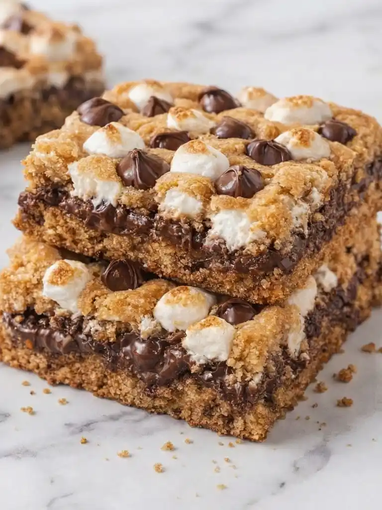 S’mores Cookie Bars (Gooey, Bakery-Style) 2 Thick S’mores Cookie Bars with melted chocolate and toasted marshmallows stacked on marble surface