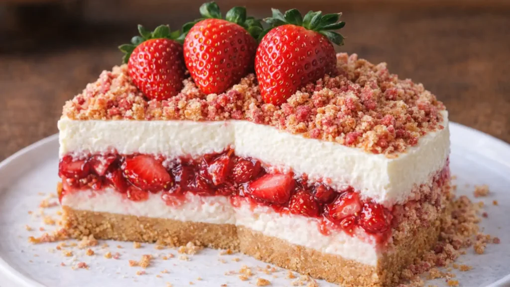 Strawberry Crunch Cheesecake with creamy layers, fresh strawberry filling, and crunchy cookie topping