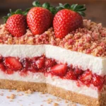 Strawberry Crunch Cheesecake with creamy layers, fresh strawberry filling, and crunchy cookie topping
