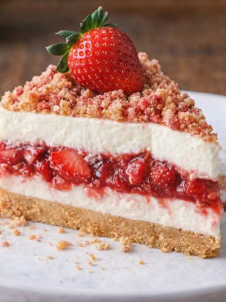 Strawberry Crunch Cheesecake slice with strawberry filling and crunchy cookie topping