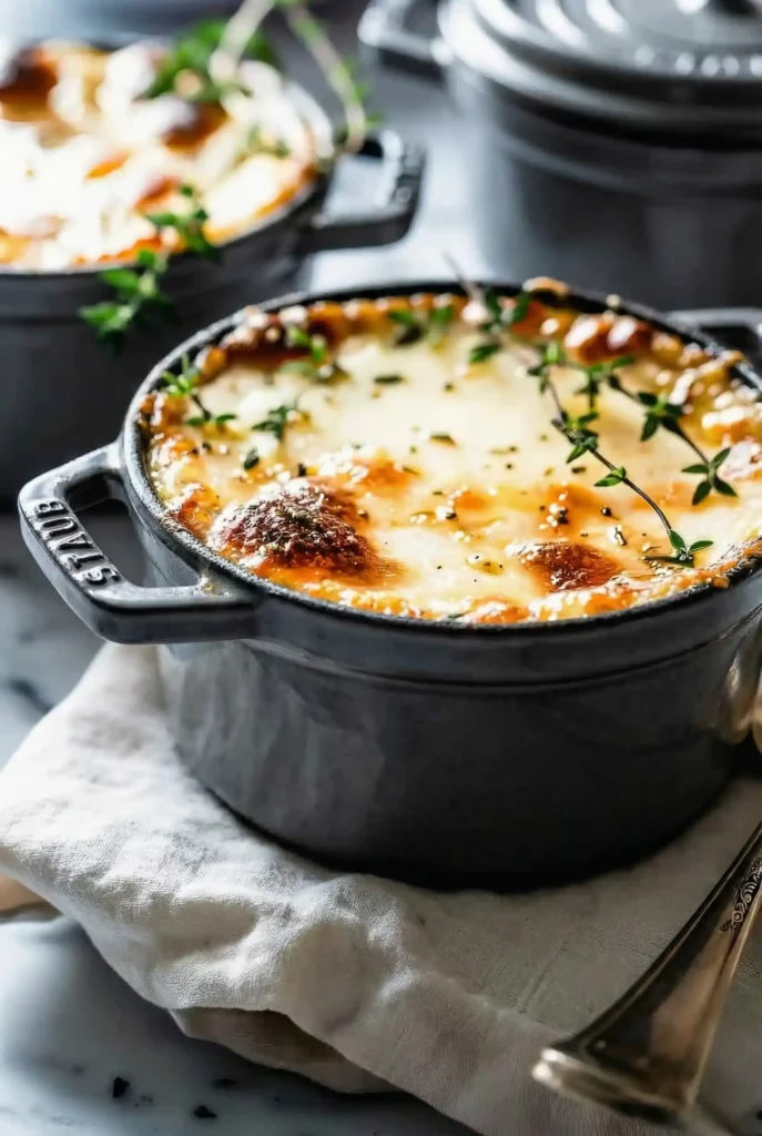 French Onion Soup with golden melted Gruyere and fresh thyme in a black cast iron bowl