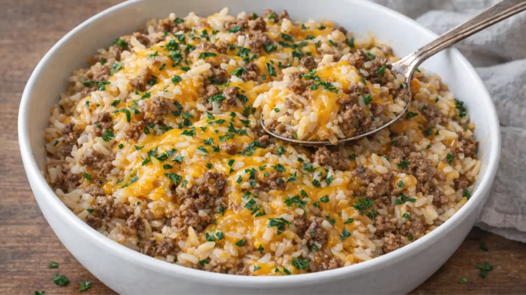 cheesy ground beef and rice casserole topped with melted cheddar and fresh parsley in a white bowl