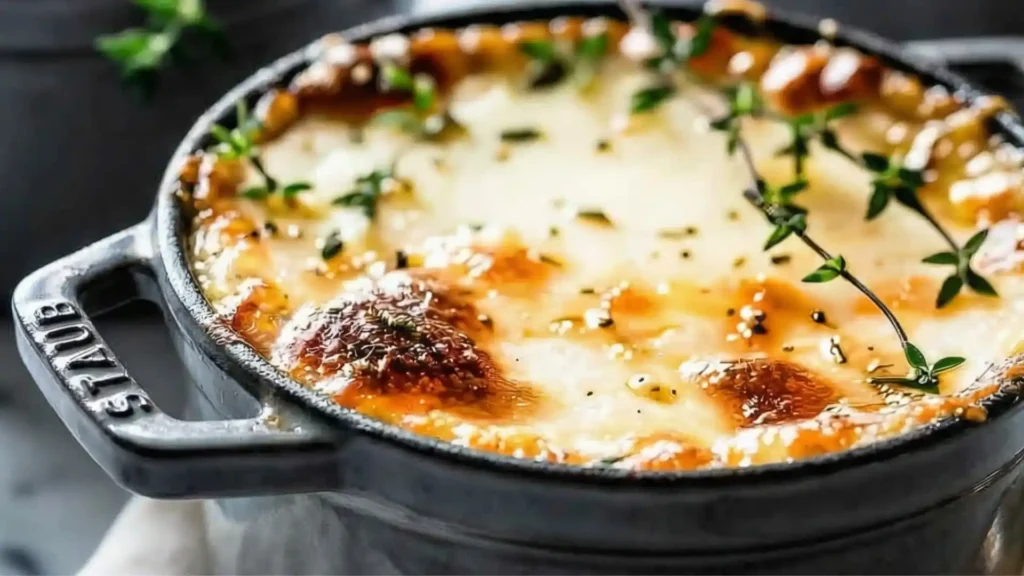 French Onion Soup topped with melted Gruyere cheese and fresh thyme in a cast iron pot