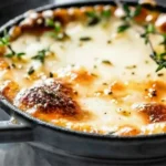 French Onion Soup topped with melted Gruyere cheese and fresh thyme in a cast iron pot