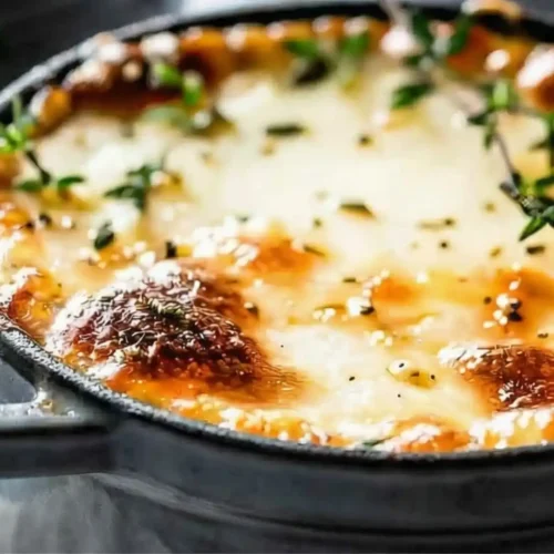 French Onion Soup topped with melted Gruyere cheese and fresh thyme in a cast iron pot