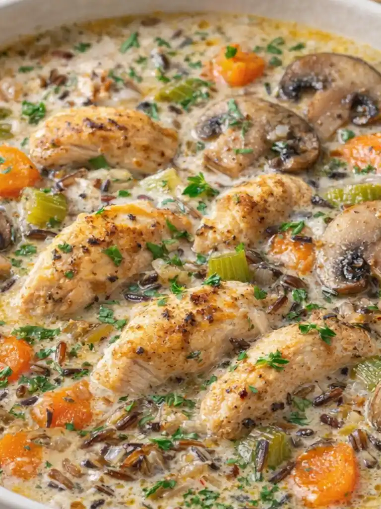 Creamy Mushroom Chicken Soup close up with wild rice, carrots, celery, herbs, and tender chicken pieces