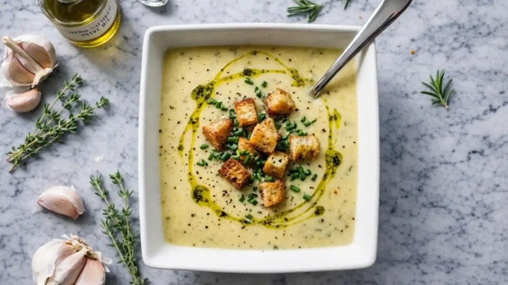 Garlic bread soup topped with crispy croutons, herbs, and olive oil in a white bowl