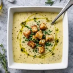 Garlic bread soup topped with crispy croutons, herbs, and olive oil in a white bowl