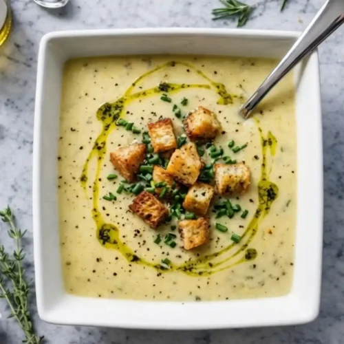 Garlic Bread Soup 3 Garlic bread soup topped with crispy croutons, herbs, and olive oil in a white bowl