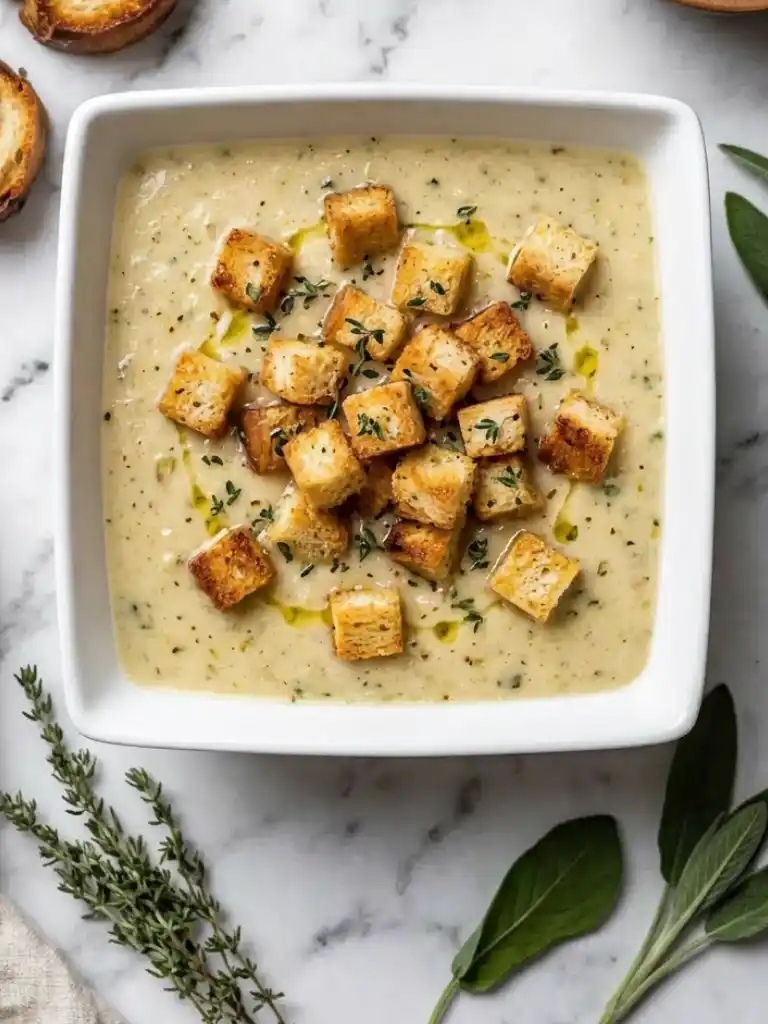 Garlic Bread Soup 2 Garlic bread soup in a white bowl topped with golden croutons, herbs, and olive oil