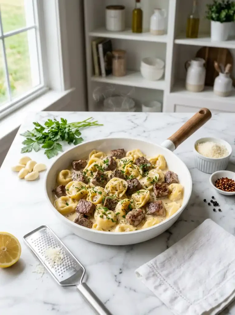 garlic steak tortellini in creamy Parmesan sauce with steak bites in a white skillet on marble countertop